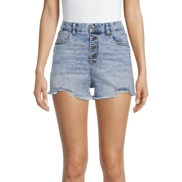No Boundaries Juniors High-Waisted Distressed Med Stone Wash Jean Shorts Size 11 - Picture 1 of 12